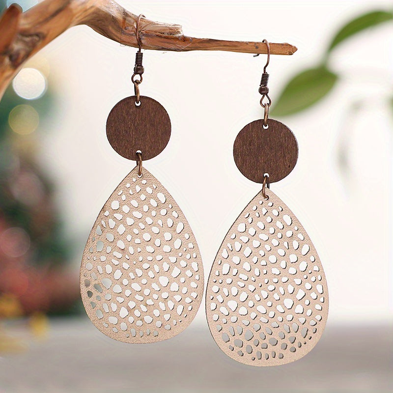 Vintage Hollow Leaf Shape Leather Earrings